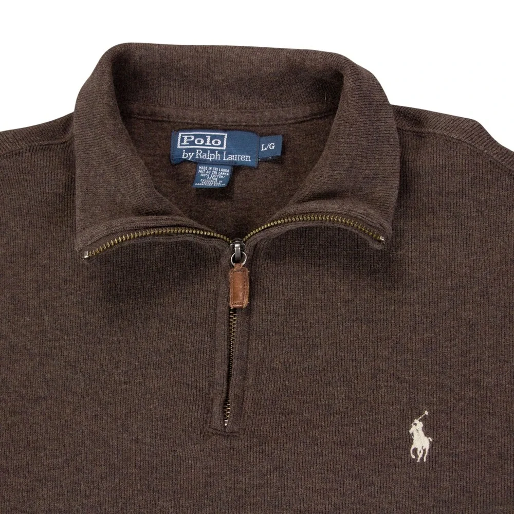 VTG Polo Ralph Lauren Mens Large Brown 1/4 Zip Pullover Sweater 100% Cotton Y2K